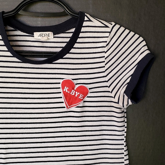 Ardene Navy/White Striped "K. BYE" Patch T-Shirt - Size XSmall - Picture 2 of 9
